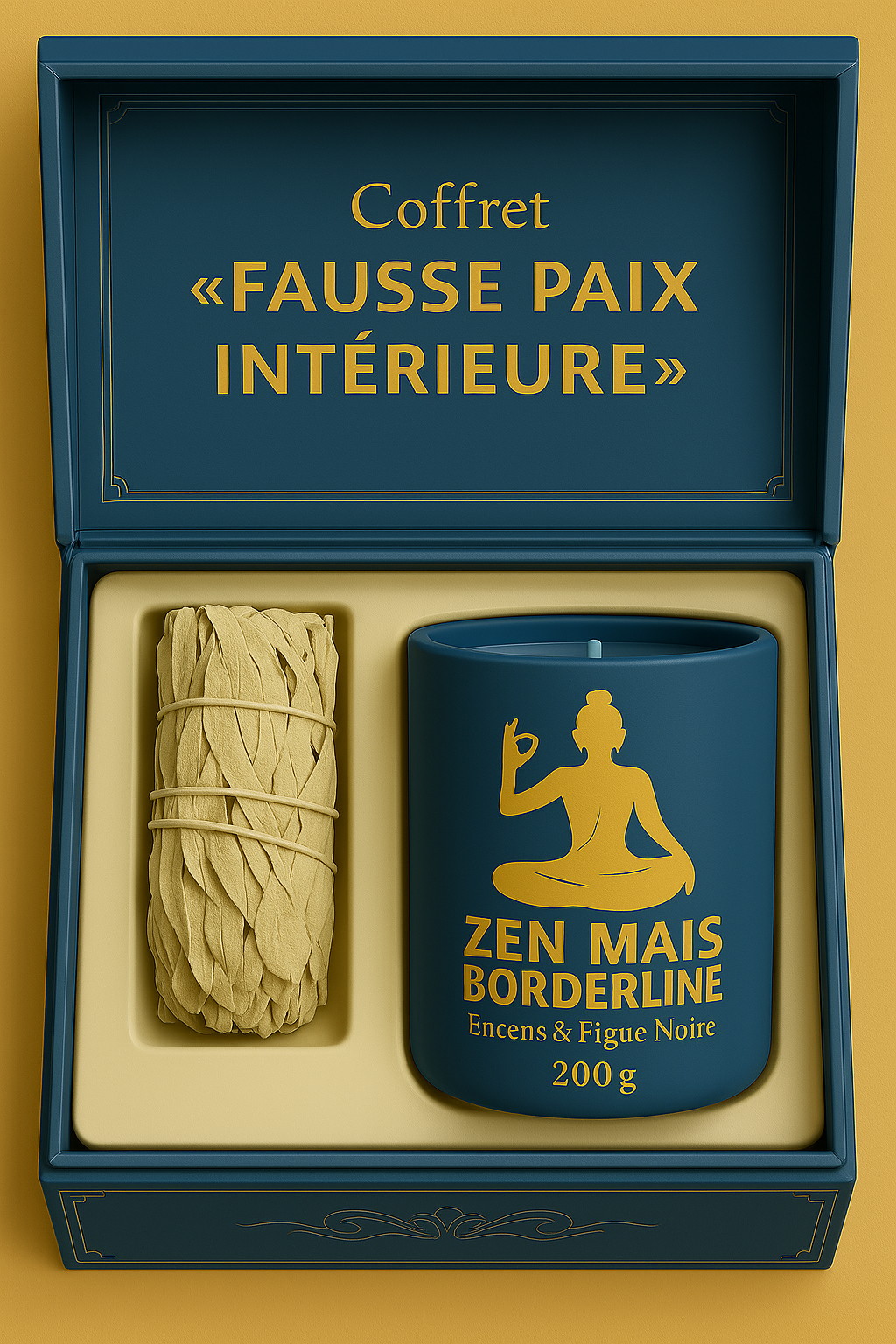 Coffret bougie et sauge dans une boite bleu