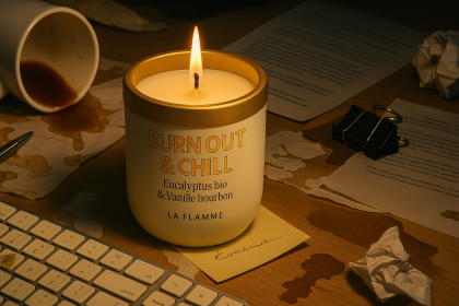 Bougie doré burn out & chill sur messy bureau