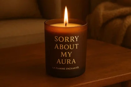 Bougie brune élégante avec l’inscription dorée « Sorry About My Aura » sur un fond uni.