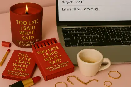 Espace de travail féminin avec une bougie rouge mat - Mèche bois crépitant titre "TOO LATE I SAID WHAT I SAID" gravé en doré text en dessous Fleur d'Oranger & Poivre Rose --- allumée, une boîte d'allumettes rouge à côté, un ordinateur portable ouvert sur un brouillon d'e-mail, un rouge à lèvres et des bijoux sur la table, une tasse de café vide, une ambiance vibrante.
