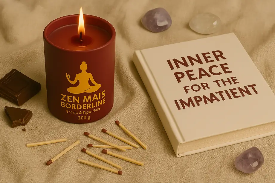 bannière avec Bougie sur une toile de lin avec des allumettes renversées, des cristaux, du chocolat à moitié fondu et un livre intitulé « Inner Peace for the Impatient »