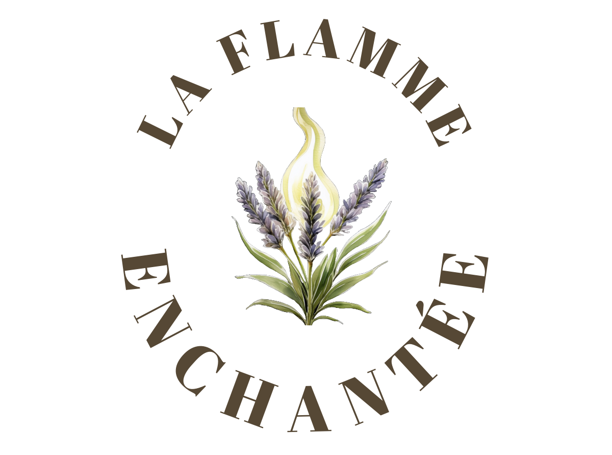 logo la flamme enchantée avec dessin de lavande et un flamme
