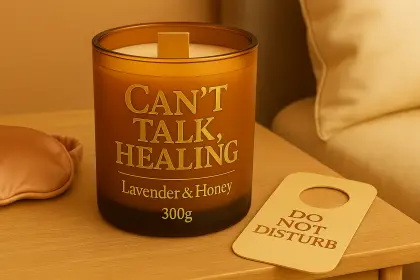 image d'une bougie sur une table de nuit avec un signe do not distrub pour mettre sur la porte