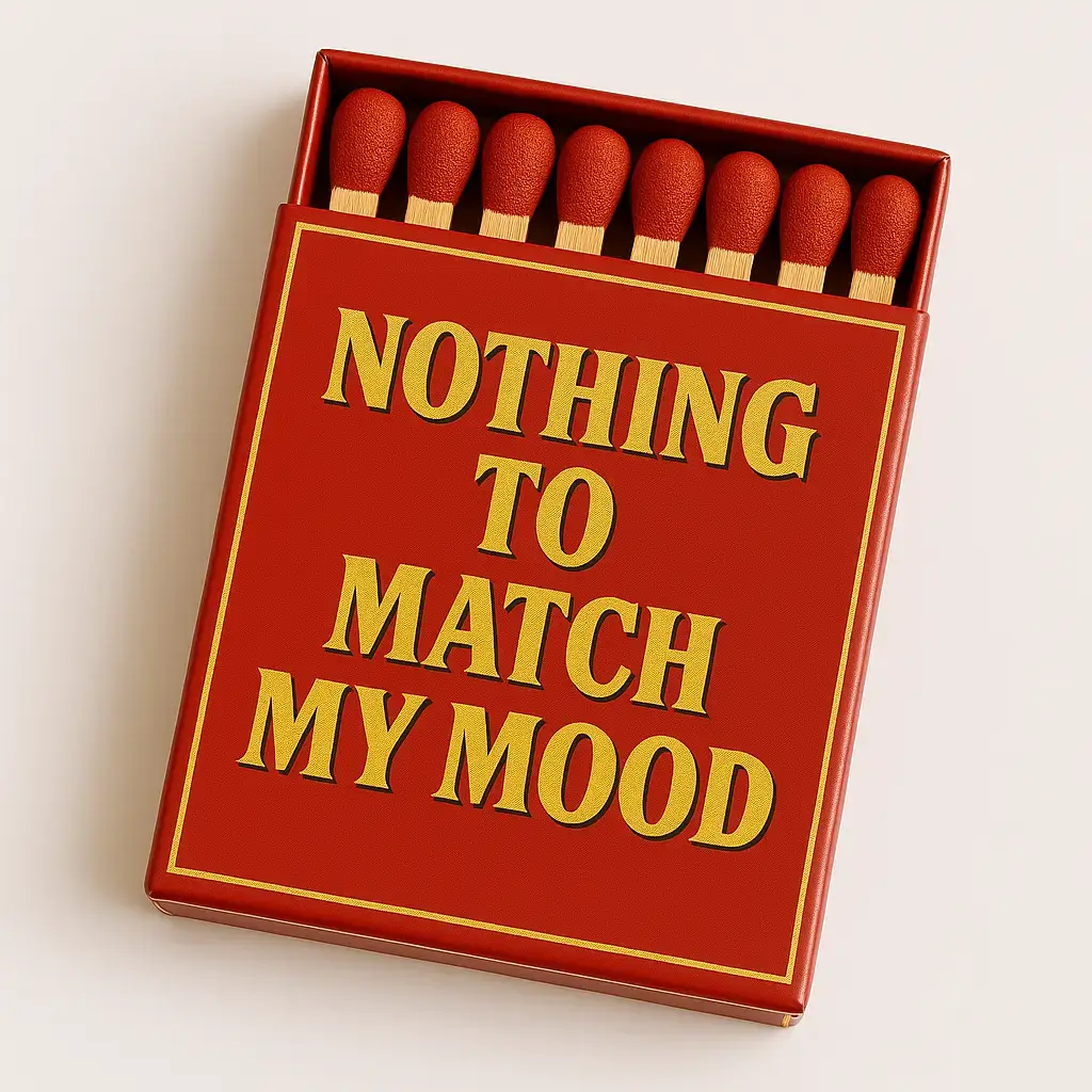 Boite d'allumettes rouge avec text doré "Nothing to match my mood"