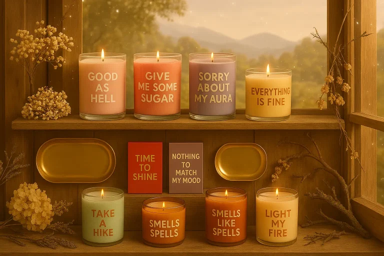 Photographie chaleureuse d’une étagère en bois devant une fenêtre donnant sur un paysage de montagnes au coucher du soleil. Sur les deux étagères, huit bougies allumées dans des verres colorés portent chacune une inscription : « GOOD AS HELL », « GIVE ME SOME SUGAR », « SORRY ABOUT MY AURA », « EVERYTHING IS FINE », « TAKE A HIKE », « SMELLS LIKE SPELLS » et « LIGHT MY FIRE ». Deux petits plateaux dorés, deux carnets rouges et violets avec les textes « TIME TO SHINE » et « NOTHING TO MATCH MY MOOD », ainsi que des bouquets de fleurs séchées décorent la scène, créant une ambiance cosy et inspirante.