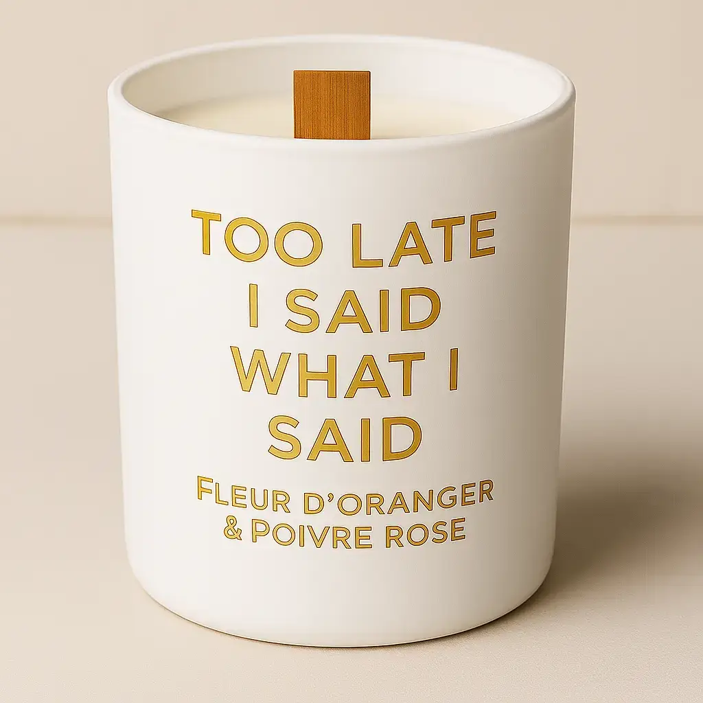 Bougie Blanche avec text doré "Too late I said what I said"