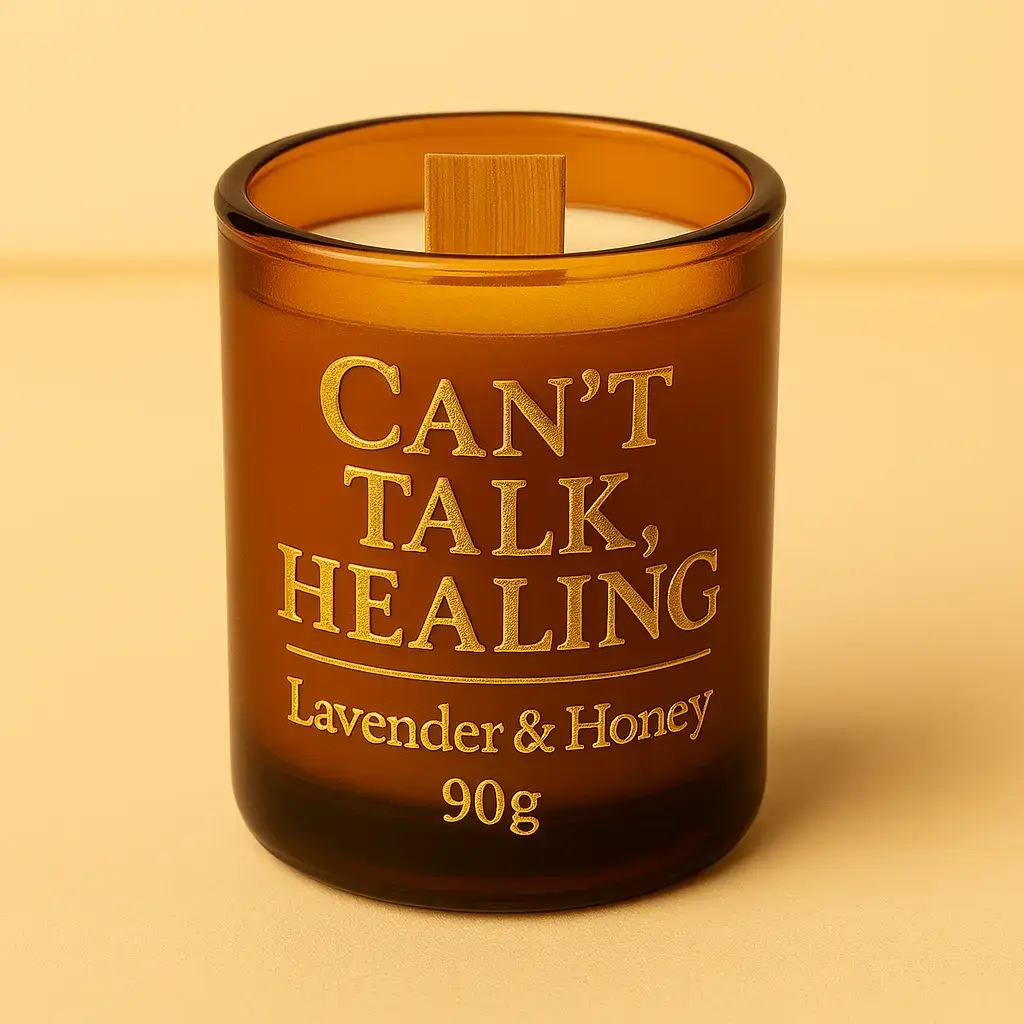 Bougie ambre avec text doré Can't talk Healing de 90g