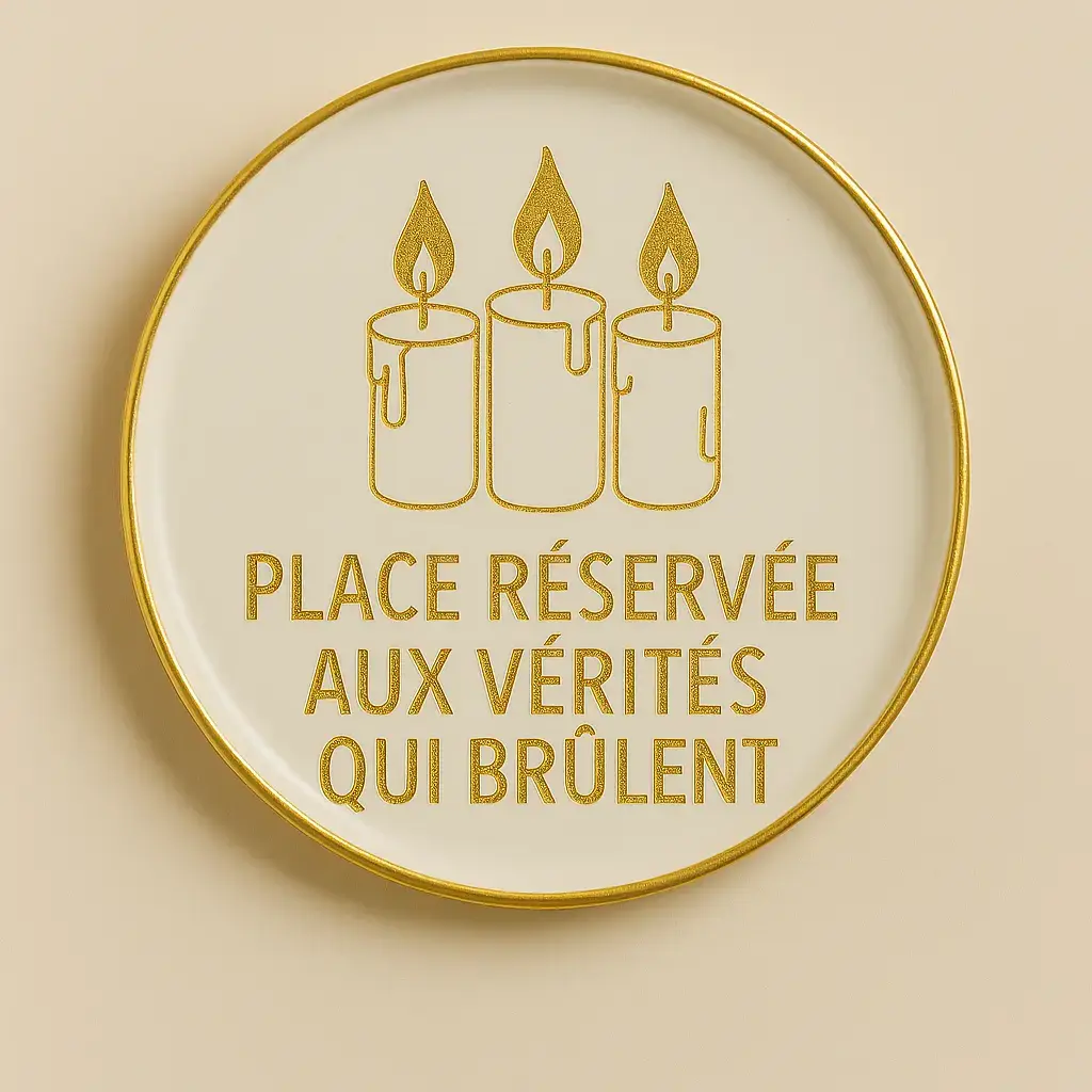 Sous bougie blanc avec un dessin de 3 bougie en doré et le text "Place réservée aux vérités qui brûlent"