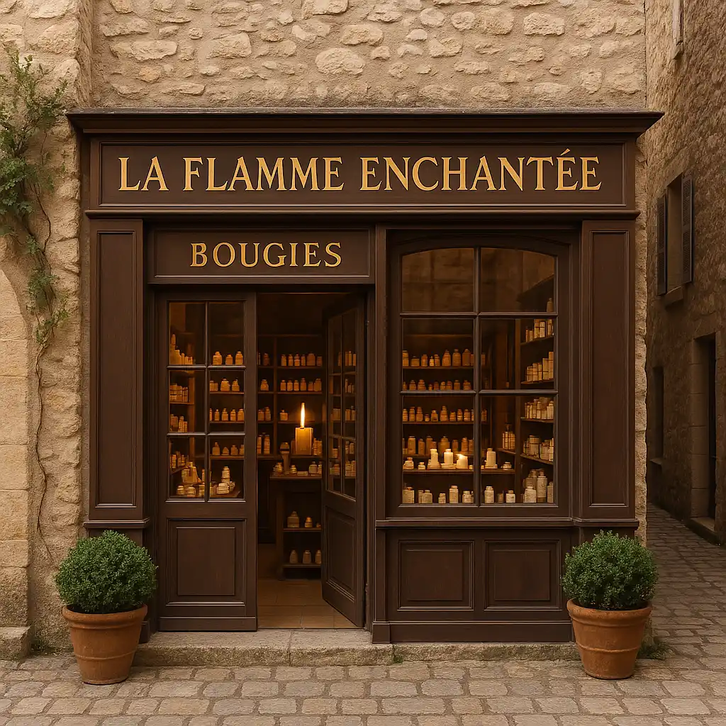 Devanture d’une boutique élégante nommée « La Flamme Enchantée », avec des étagères remplies de bougies visibles à travers les vitrines, située dans une rue pavée et encadrée de deux plantes en pot.