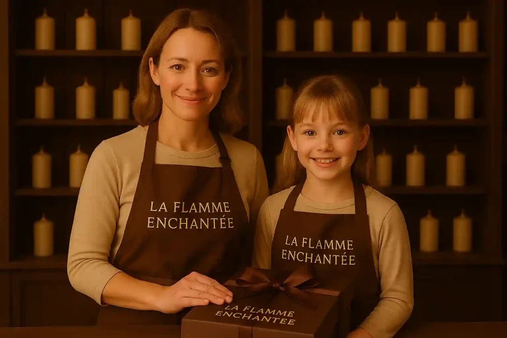 Deux personnes portant des tabliers bruns « La Flamme Enchantée » posent ensemble derrière un coffret cadeau assorti, dans un atelier décoré de bougies sur des étagères en bois.