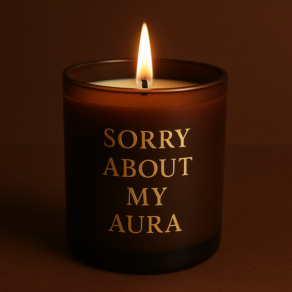 Bougie brune élégante avec l’inscription dorée « Sorry About My Aura » sur un fond uni.